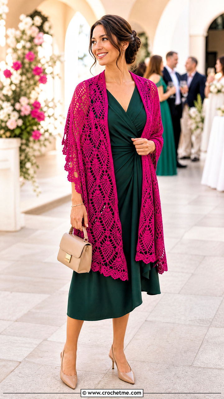 Pineapple Lace Crochet Shawl With Wrap Dress - 35 easy simple crochet shawl outfit ideas