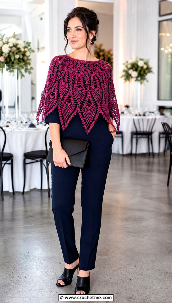 Pineapple Lace Crochet Shoulder Shawl With Jumpsuit - 25 Crochet Shoulder Shawl outfit ideas