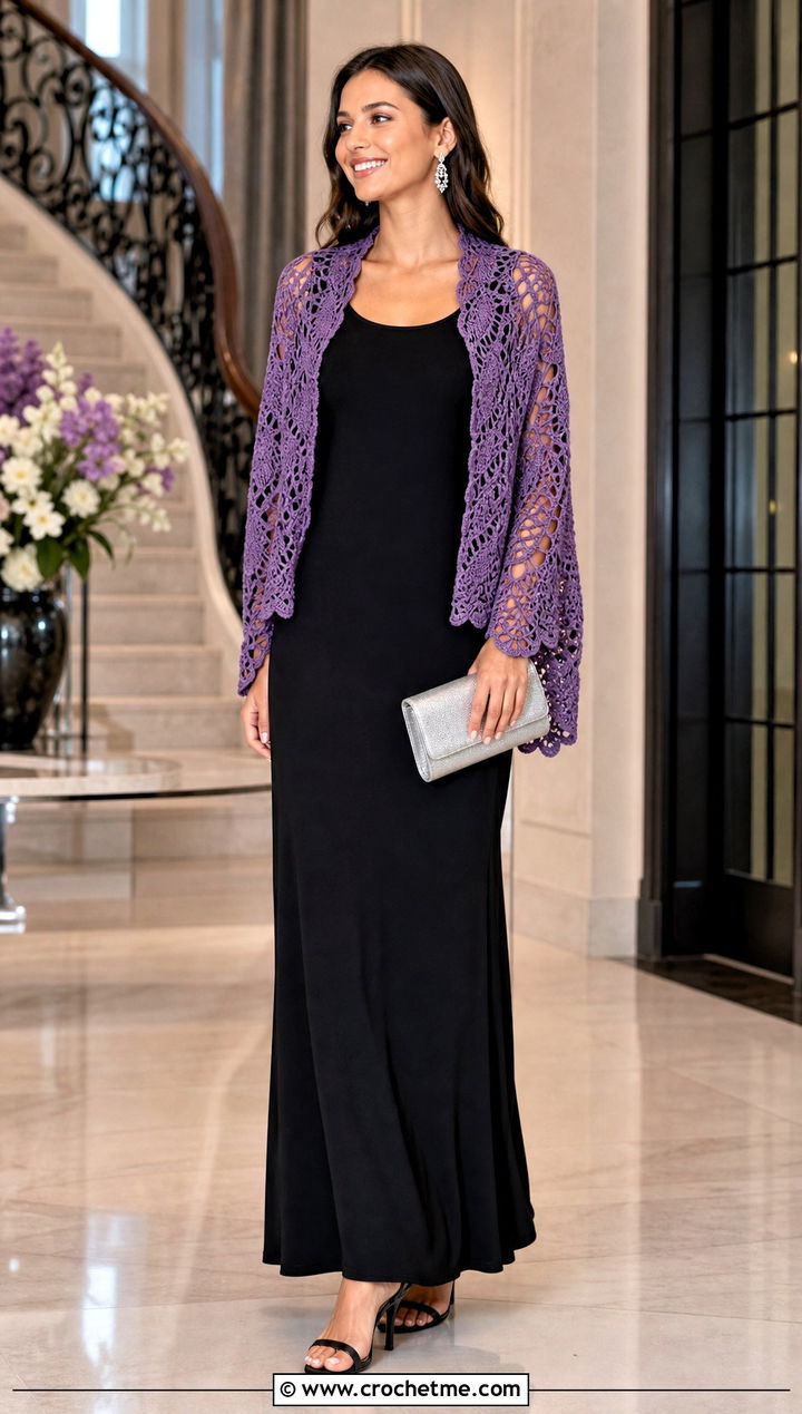 Pineapple Lace Crochet Shrug With Black Maxi Dress - 35 crochet lace shrug outfit ideas