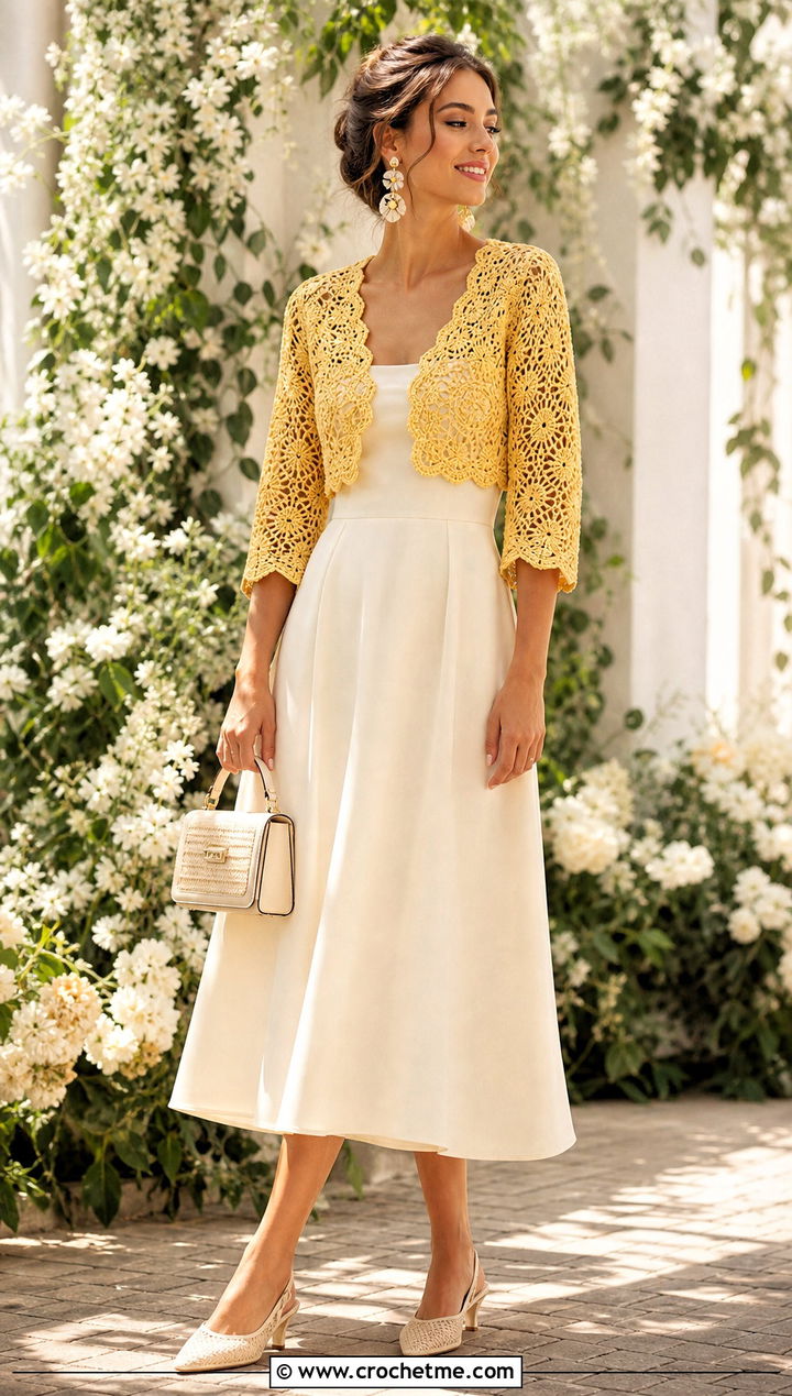 Pineapple Lace Crochet Wedding Bolero With A Line Dress - 25 Crochet Wedding Bolero outfit ideas