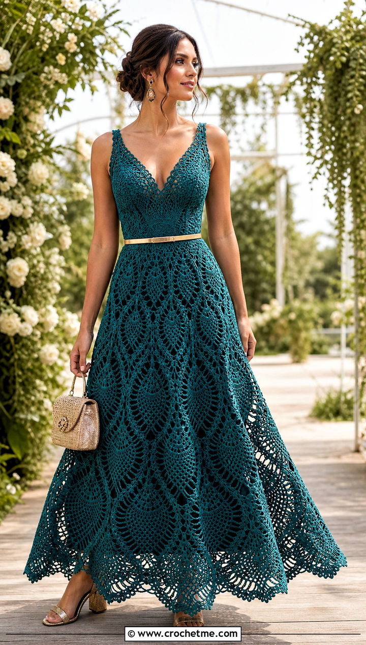 Pineapple Lace Crochet Wedding Gown With Block Heels - 30 crochet wedding dress gowns outfit ideas