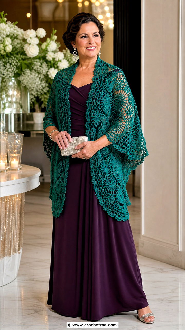 Pineapple Lace Crochet Wrap With Formal Gown - 35 crochet shawls and wraps outfit ideas