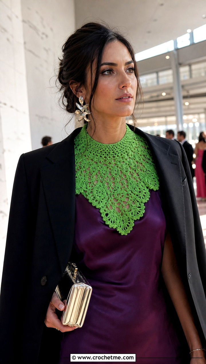 Pineapple Lace Crocheted Collar With Satin Slip Dress - 15 Crocheted Collars outfit ideas