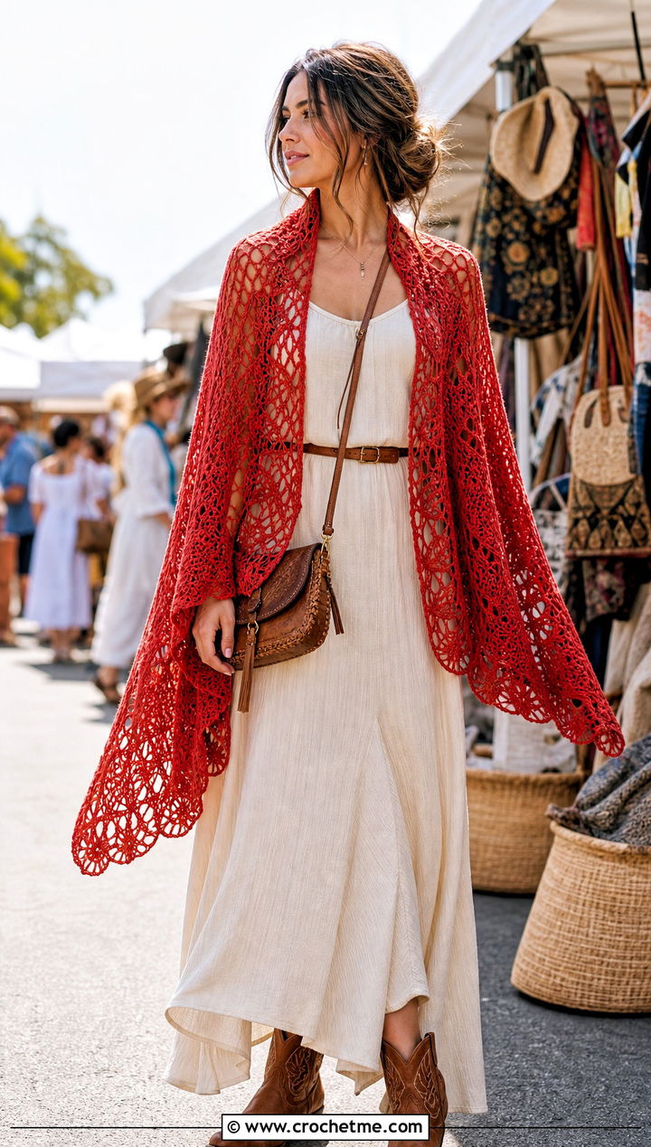 Pineapple Lace Half Moon Crochet Shawl With Maxi Dress And Western Boots - 25 Half Moon Crochet Shawl outfit ideas