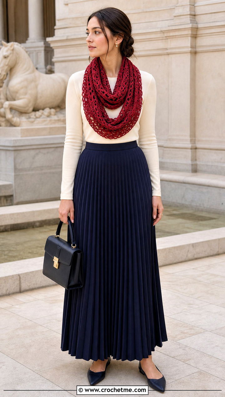 Pineapple Lace Infinity Scarf With Maxi Skirt - 20 Lacy Crochet Infinity Scarf outfit ideas