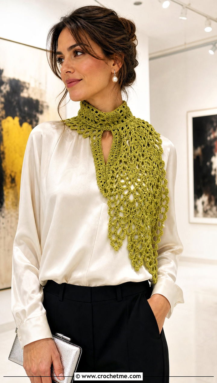 Pineapple Lace Keyhole Scarf With Satin Blouse - 15 Crocheted Keyhole Scarf outfit ideas
