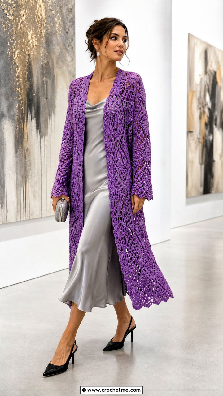 Pineapple Lace Longline Cardigan With Slip Dress - 35 crochet lace cardigan outfit ideas