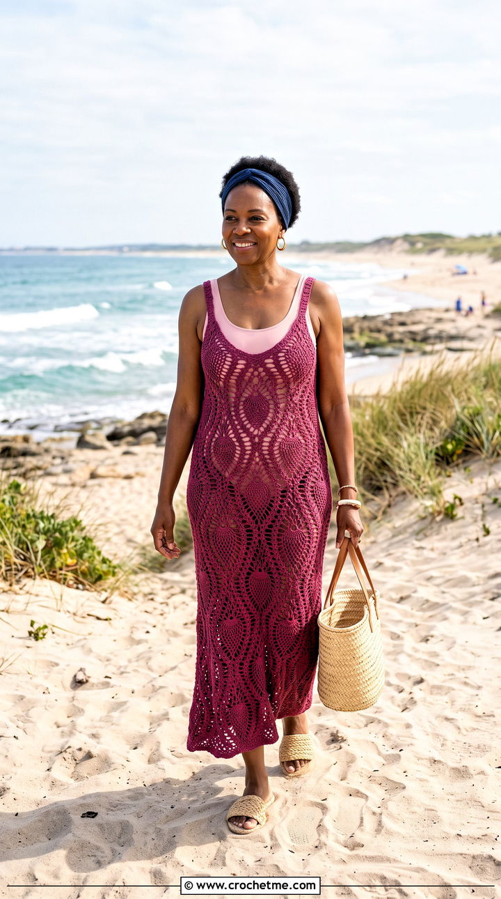 Pineapple Lace Maxi Crochet Beach Dress With Woven Slides - 35 crochet beach dress outfit ideas