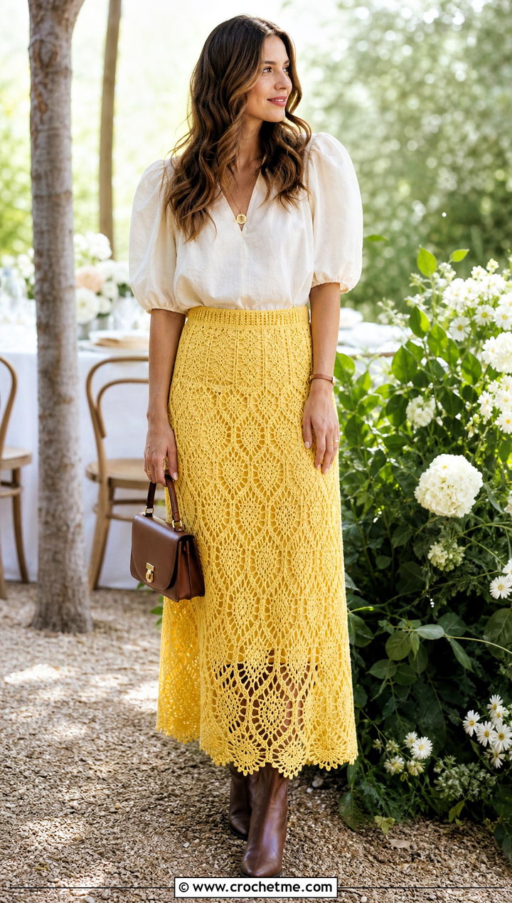 Pineapple Lace Maxi Crochet Skirt With Romantic Blouse - 15 Vintage Crochet Skirt outfit ideas