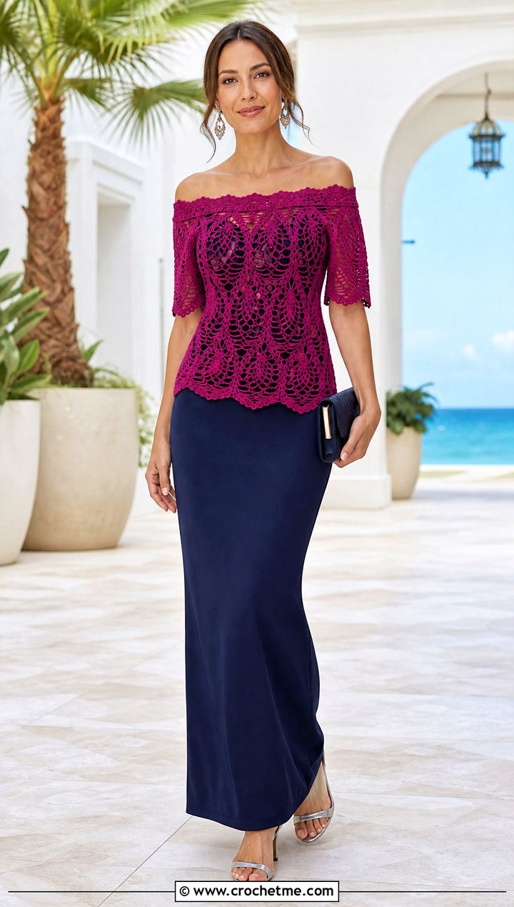 Pineapple Lace Off Shoulder Crochet Top With Column Skirt - 30 Off Shoulder Crochet Top outfit ideas