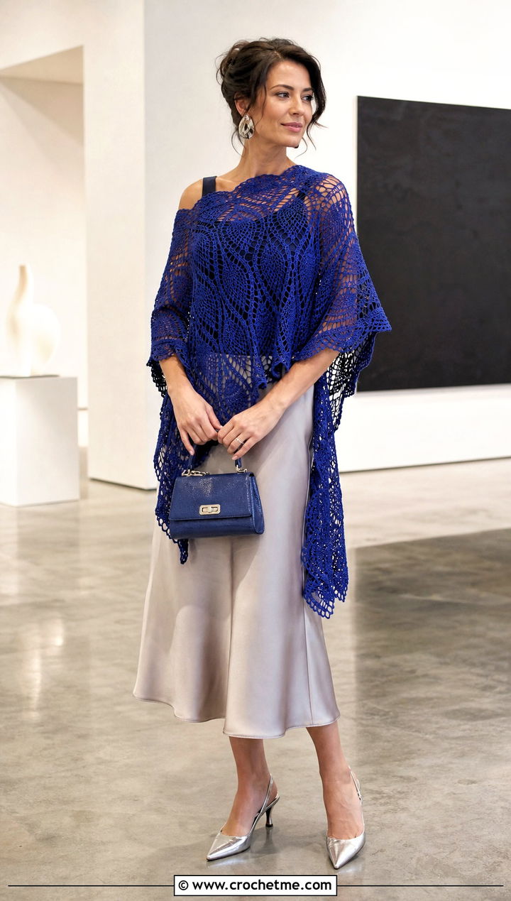 Pineapple Lace Poncho With Satin Midi Skirt - 15 Crochet Lace Poncho On Hanger outfit ideas