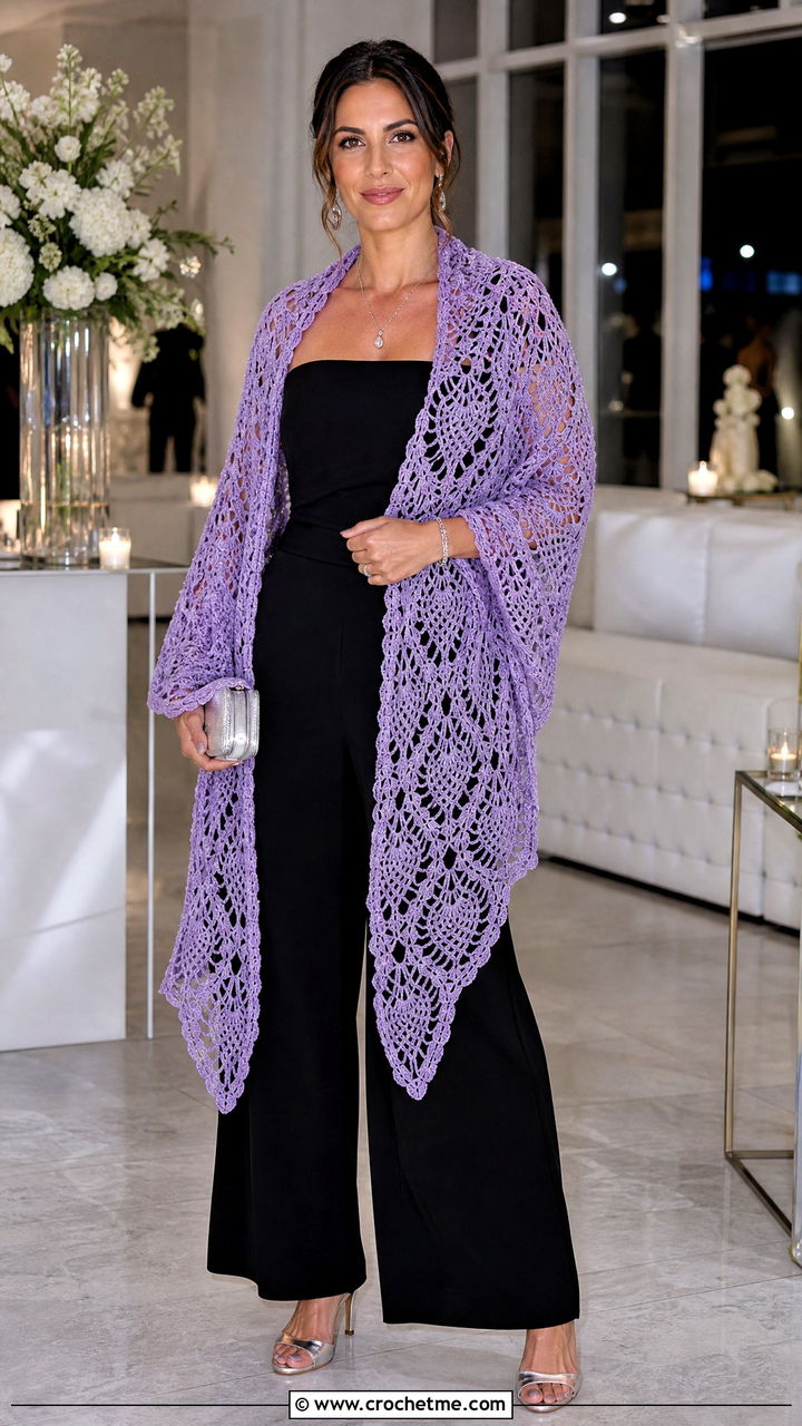 Pineapple Lace Prayer Shawl With Jumpsuit And Metallic Heels - 35 easy crochet prayer shawls outfit ideas