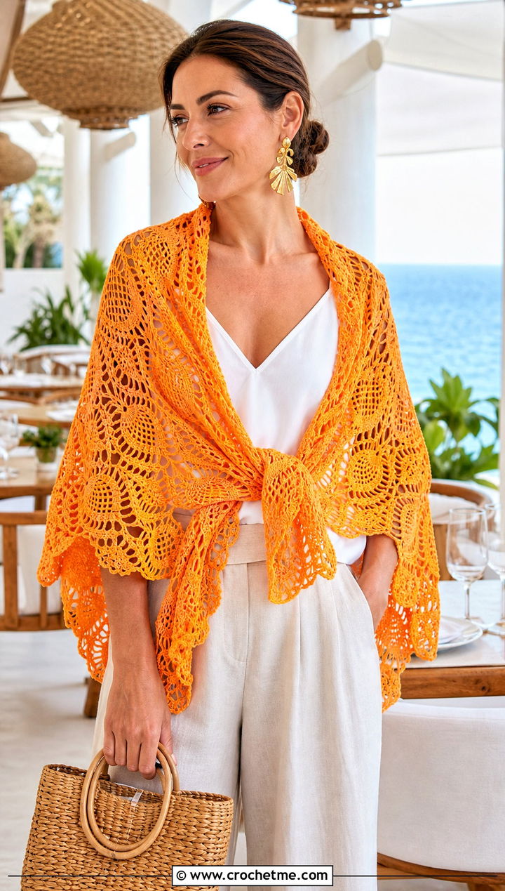Pineapple Lace Shawl With Linen Pants - 25 Lacey Crochet Shawls outfit ideas