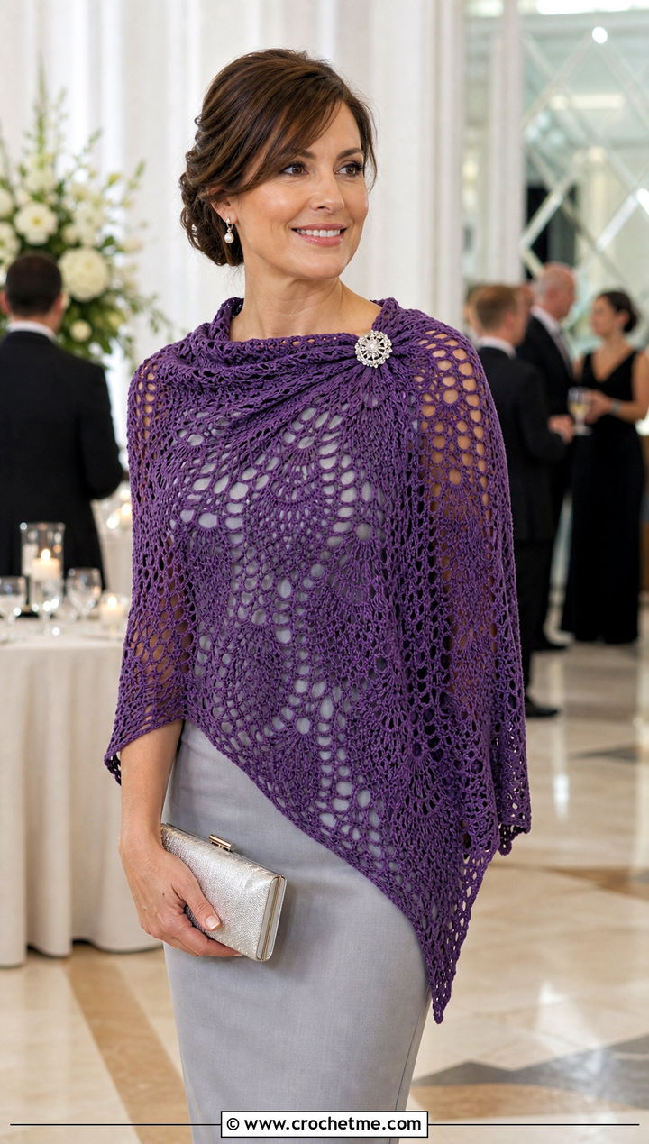Pineapple Lace Shawl With Sheath Dress - 25 beautiful crochet shawls and wraps outfit ideas