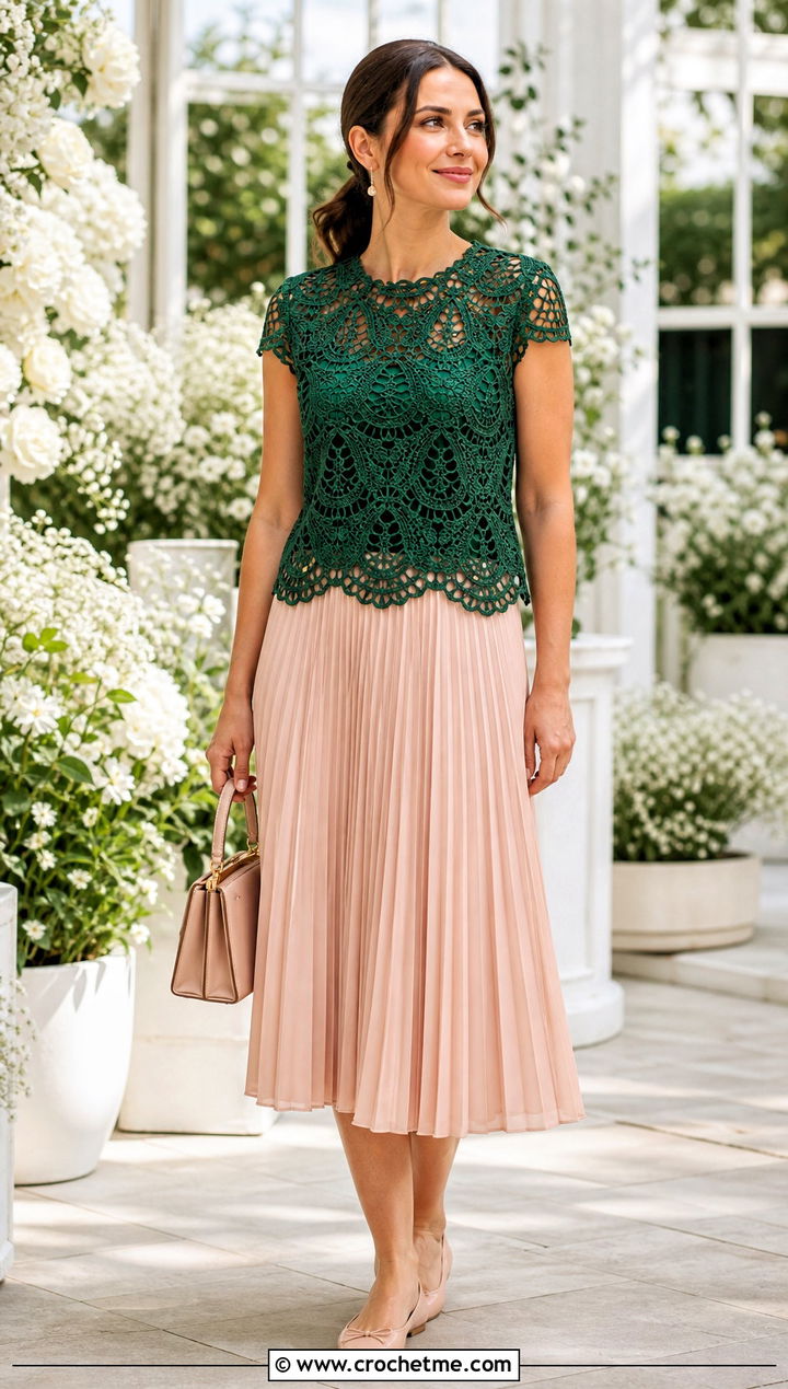 Pineapple Lace Top With Pleated Midi Skirt - 30 Crochet Top With Holes outfit ideas