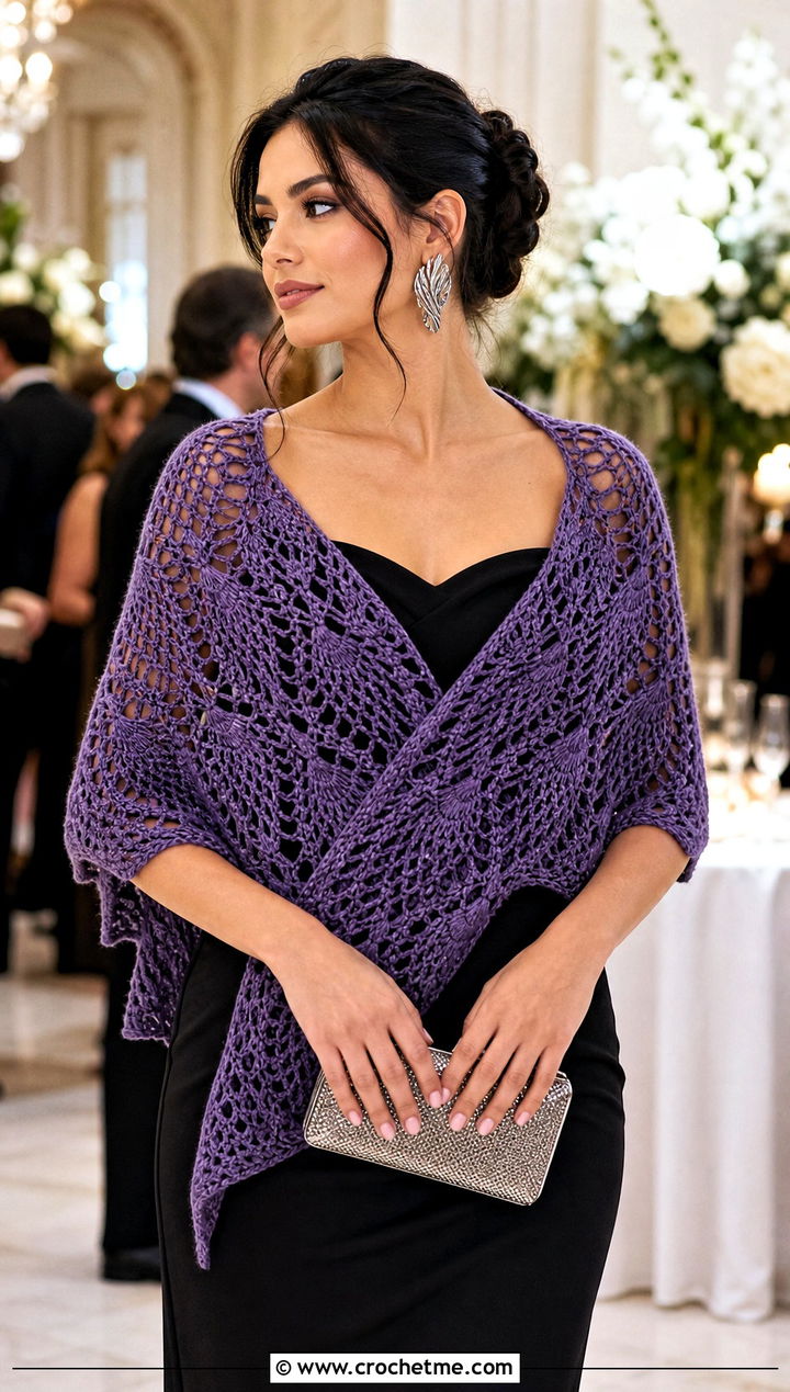 Pineapple Lace Triangle Crochet Shawl With Cocktail Dress - 35 triangle crochet shawl outfit ideas