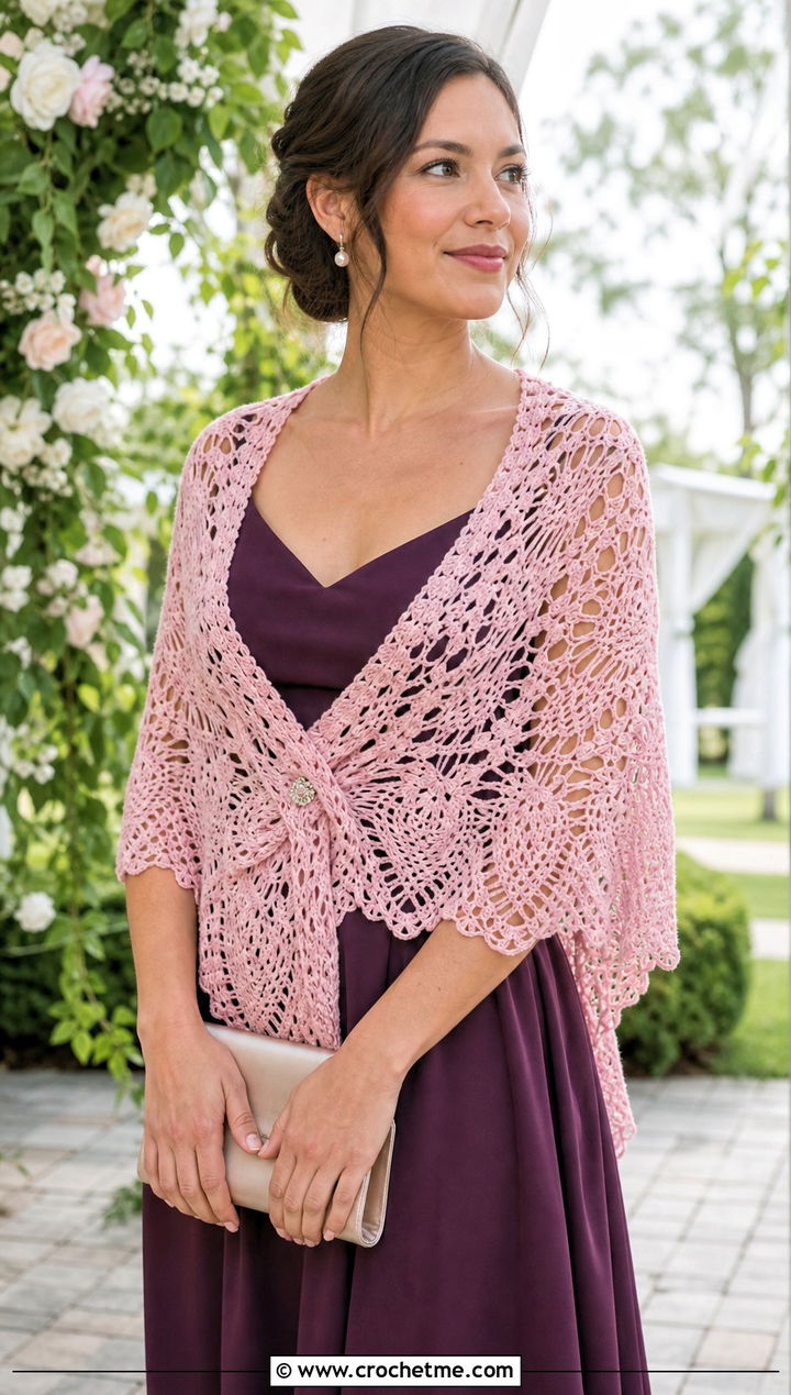 Pineapple Lace V Shaped Crochet Shawl With Wedding Guest Dress - 15 V Shaped Crochet Shawl outfit ideas