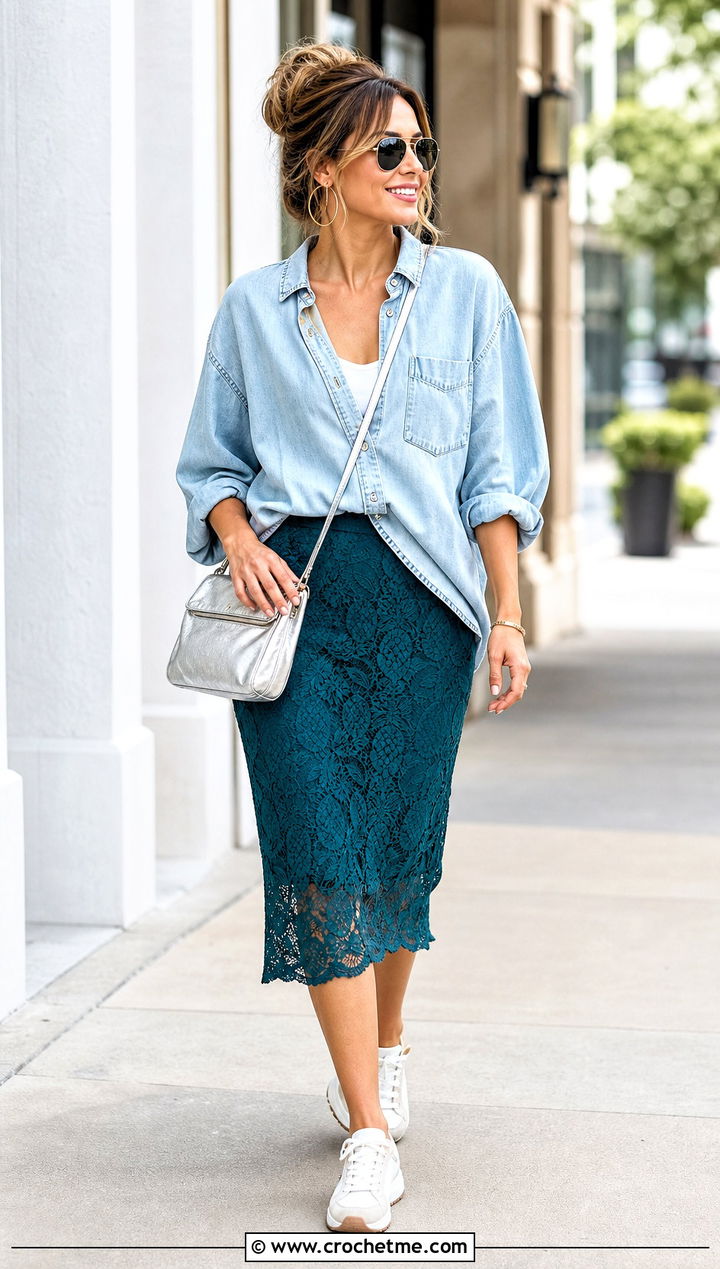 Pineapple Midi Skirt With Oversized Denim Shirt - 25 crochet pineapple skirt outfit ideas