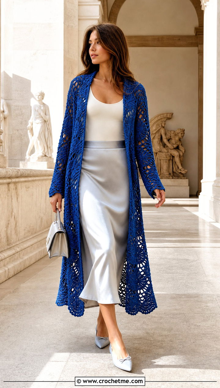 Pineapple Motif Crochet Duster With Satin Midi Skirt - 25 crochet duster outfit ideas
