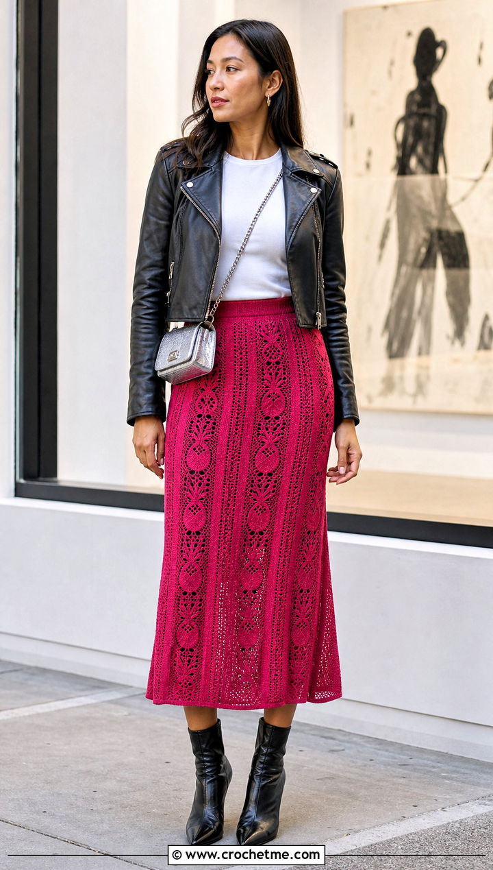 Pineapple Panel Skirt With Leather Jacket - 25 crochet pineapple skirt outfit ideas