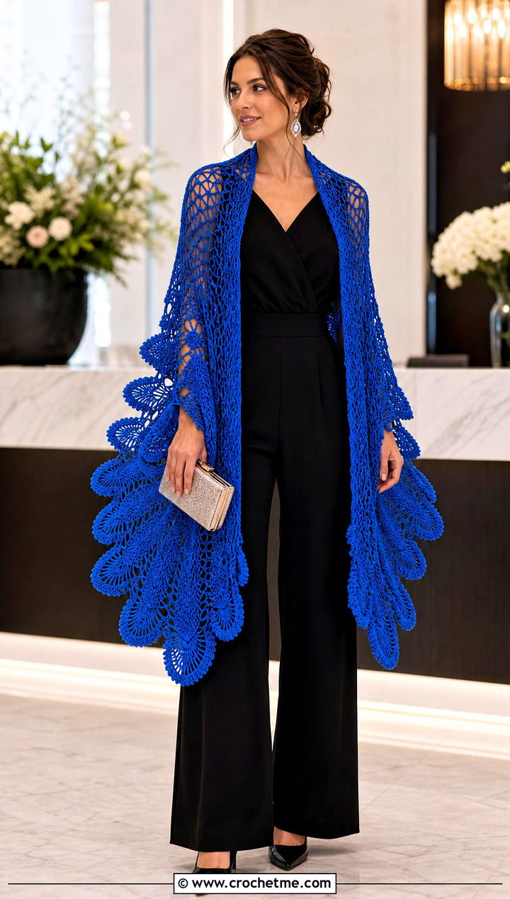 Pineapple Peacock Shawl With Black Jumpsuit - 25 pineapple crochet shawl outfit ideas