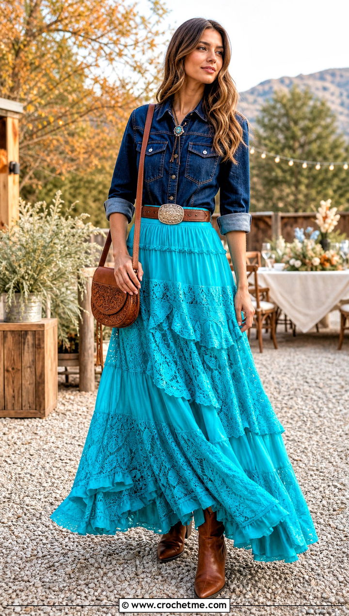 Pineapple Ruffle Maxi Skirt With Western Shirt - 25 crochet pineapple skirt outfit ideas