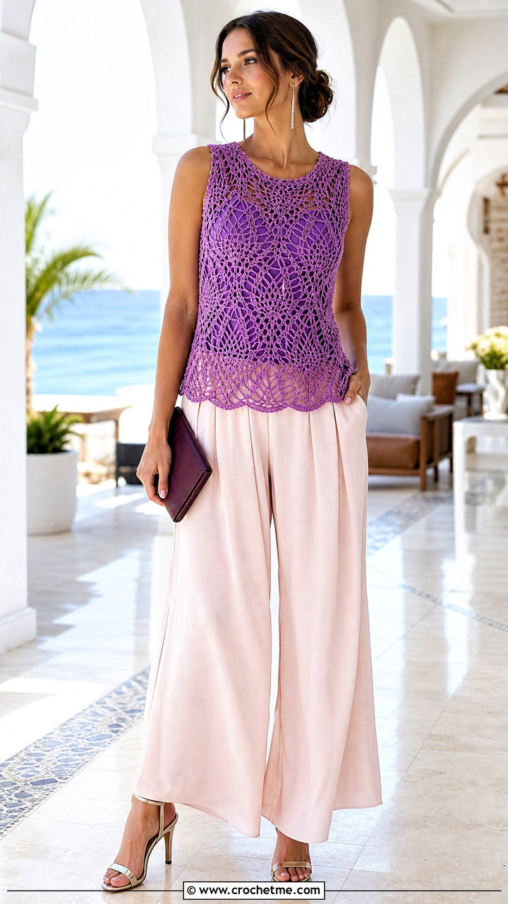 Pineapple Stitch Belly Crochet Top With Palazzo Pants - 35 Belly Crochet Top outfit ideas