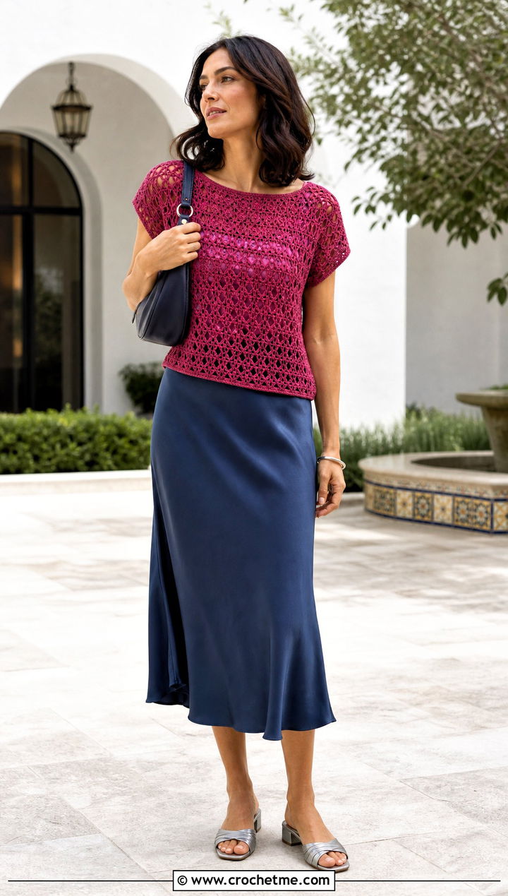 Pineapple Stitch Boxy Top With Bias Cut Midi Skirt - 25 Pineapple Stitch Crochet Top outfit ideas