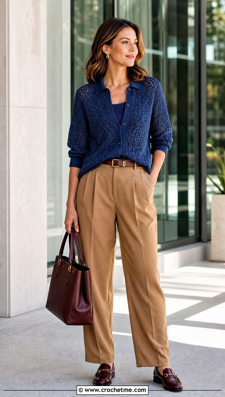 Pineapple Stitch Button Front Top With Pleated Trousers - 25 Pineapple Stitch Crochet Top outfit ideas