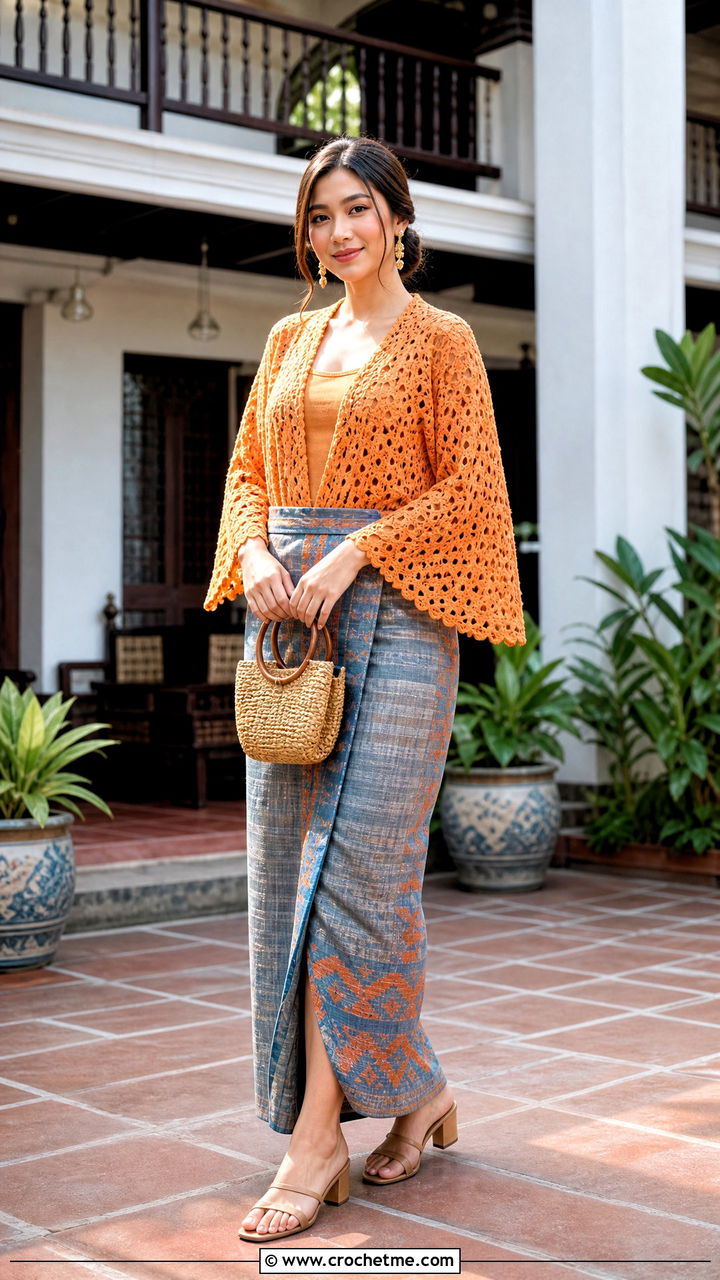 Pineapple Stitch Crochet Kimona Top With Patadyong Skirt - 35 crochet filipiniana top outfit ideas