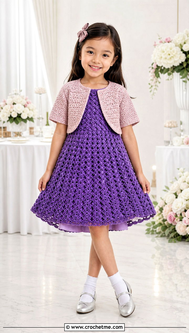 Pineapple Stitch Crochet Party Dress With Bolero - 15 Crochet Childs Dress outfit ideas
