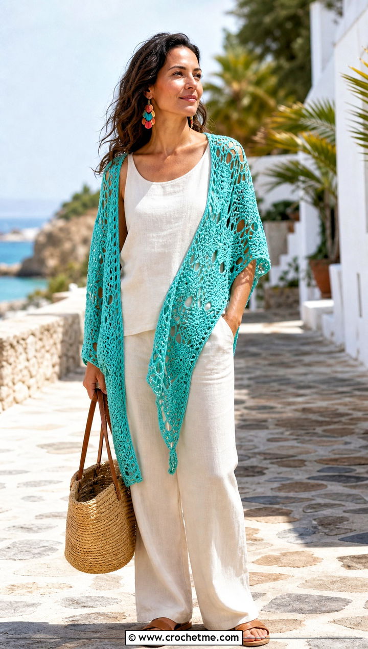 Pineapple Stitch Crochet Shawl With Linen Set - 20 Crochet Shawl Worsted Weight Yarn outfit ideas