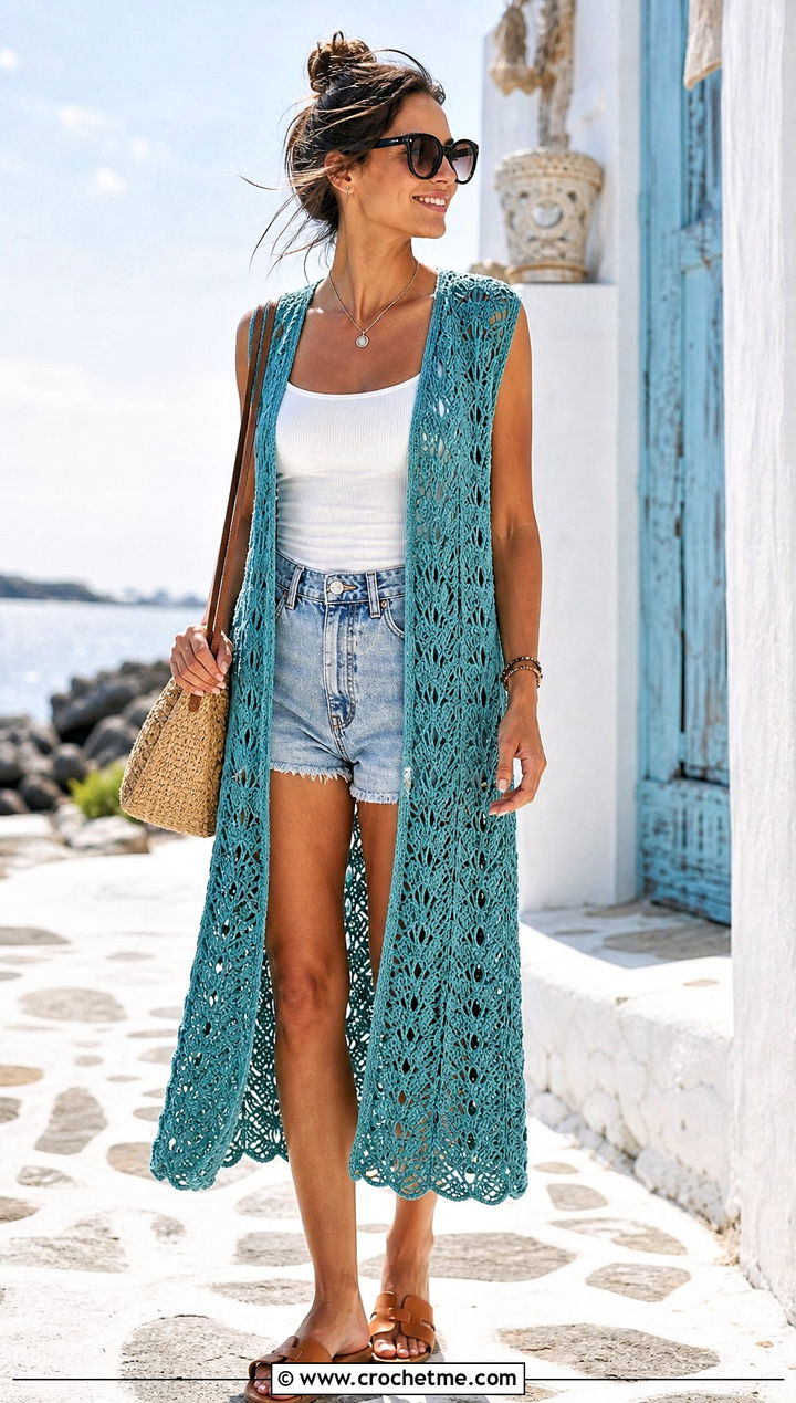 Pineapple Stitch Duster Crochet Vest With Denim Shorts - 35 crochet vest for women outfit ideas