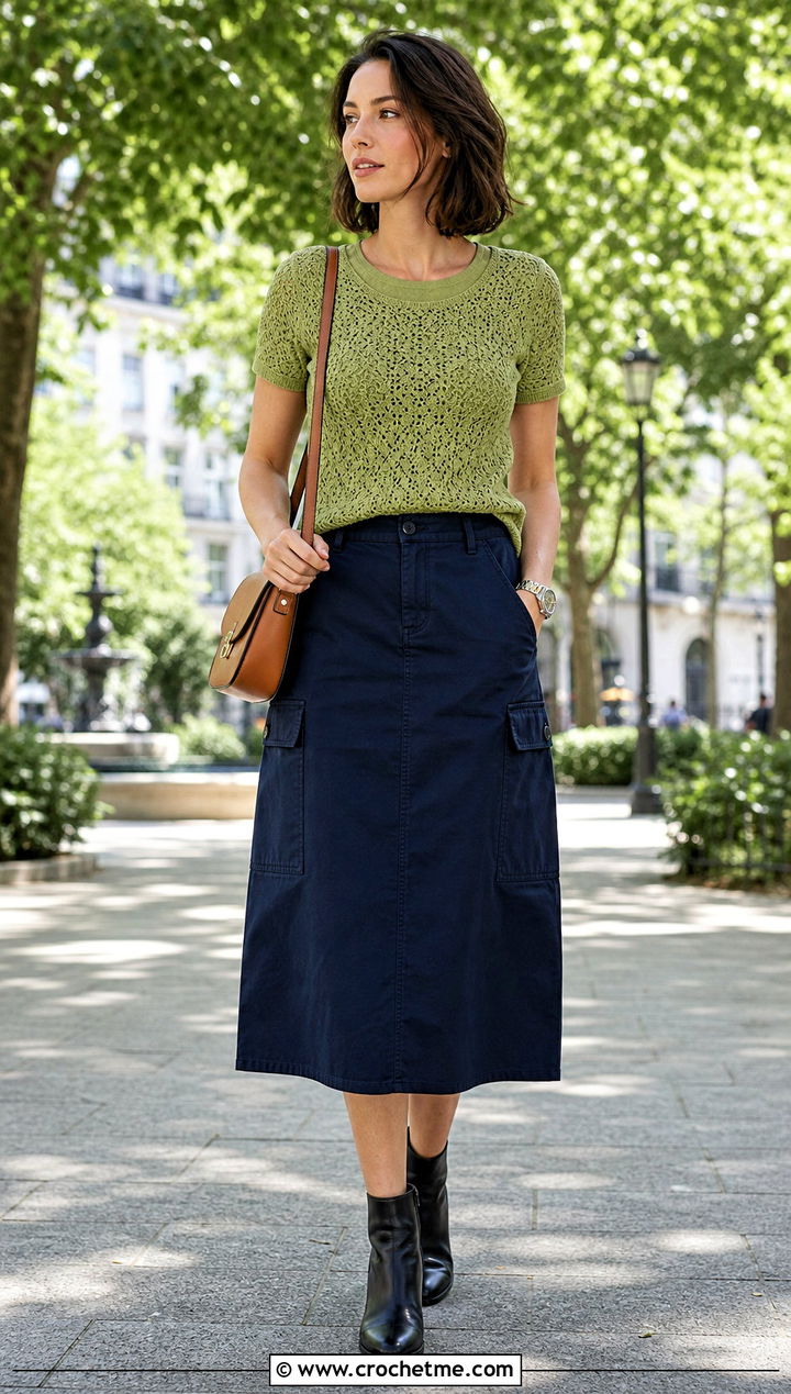 Pineapple Stitch Fitted Tee With Utility Midi Skirt - 25 Pineapple Stitch Crochet Top outfit ideas