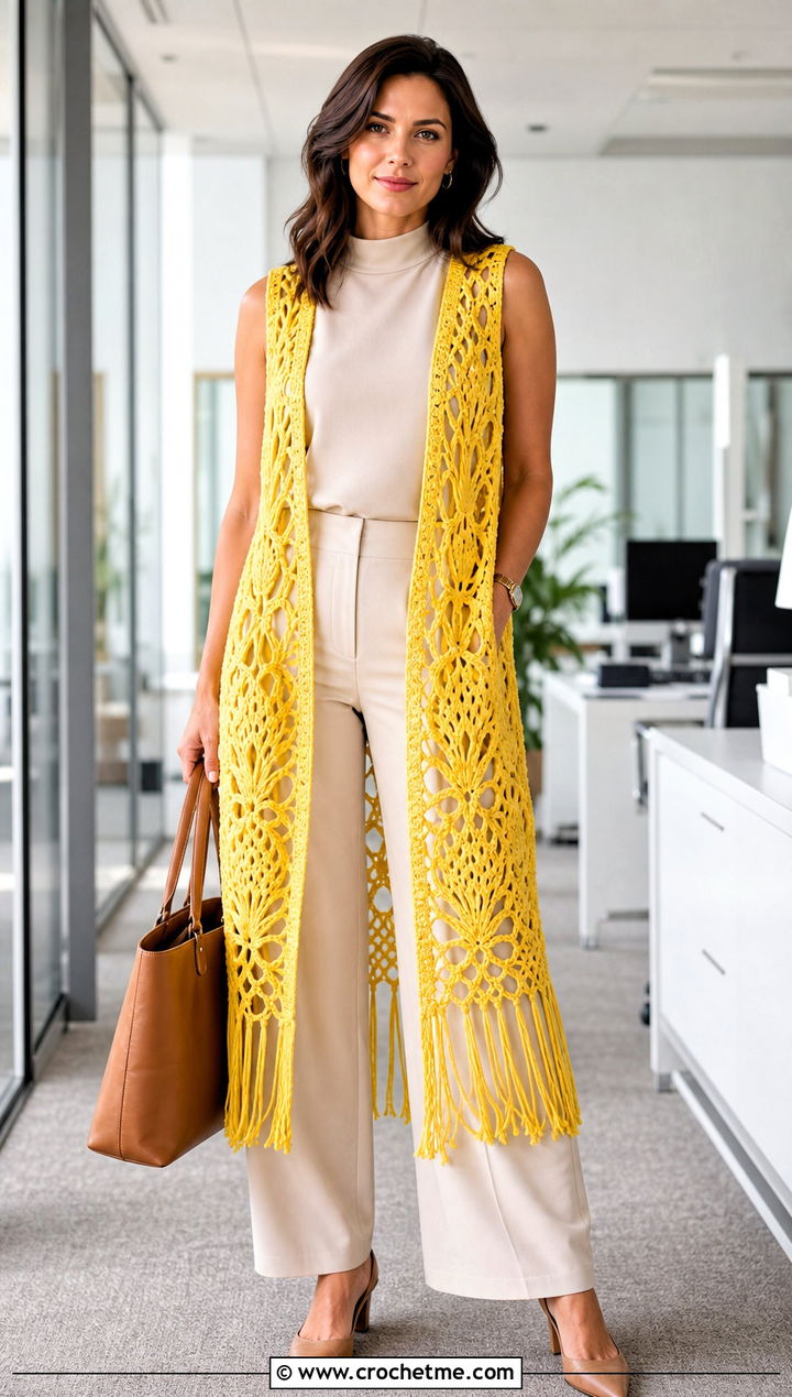 Pineapple Stitch Fringe Duster Vest With Tailored Trousers - 15 long crochet vest with fringe outfit ideas