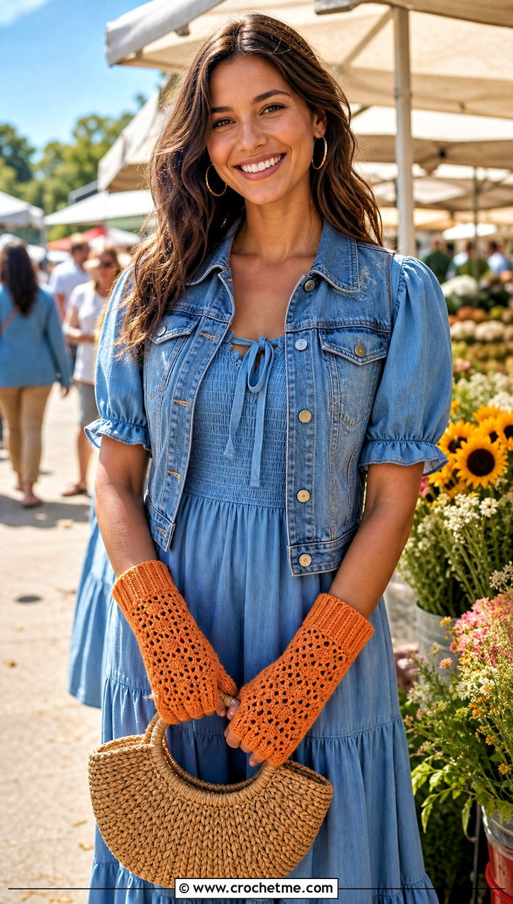 Pineapple Stitch Lace Mitts With Cottagecore Midi Dress - 25 lace crochet gloves outfit ideas