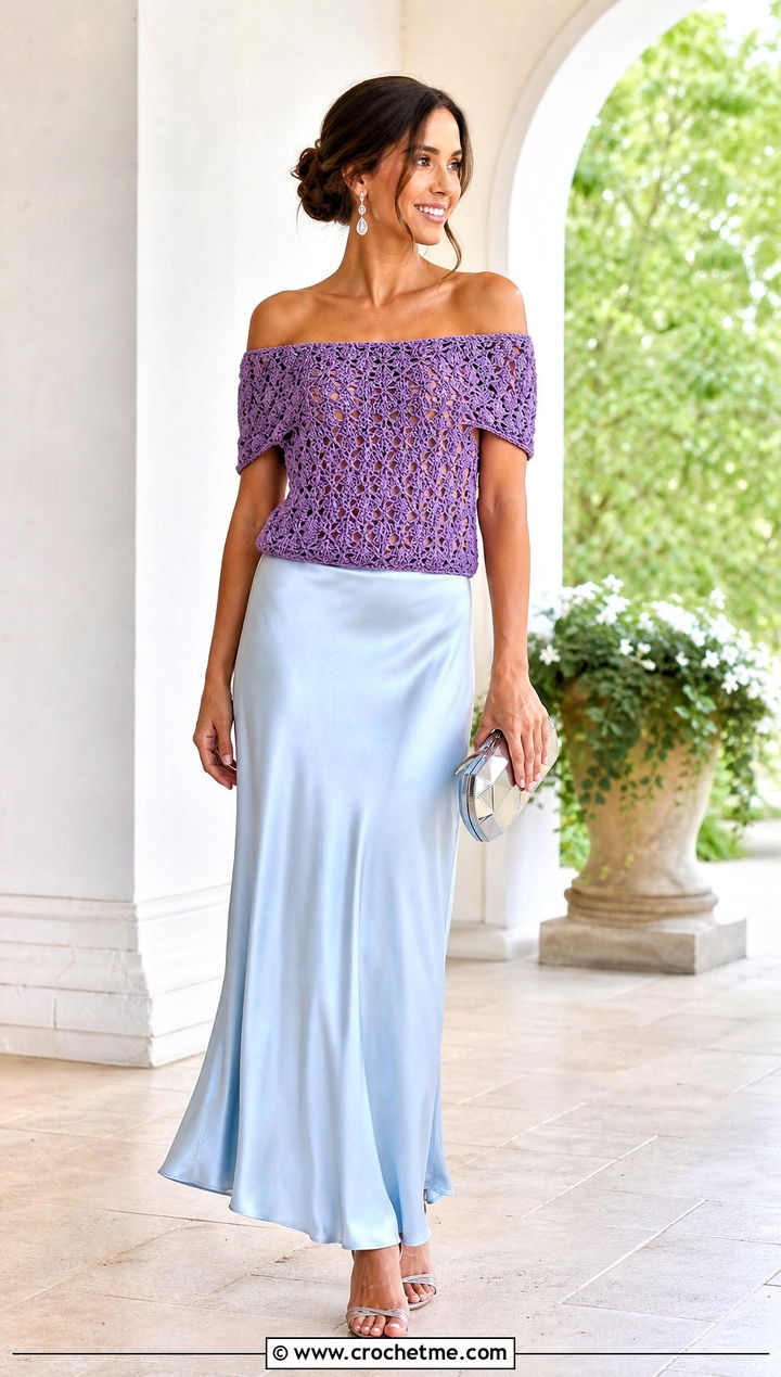 Pineapple Stitch Off Shoulder Top With Satin Maxi Skirt - 25 Pineapple Stitch Crochet Top outfit ideas