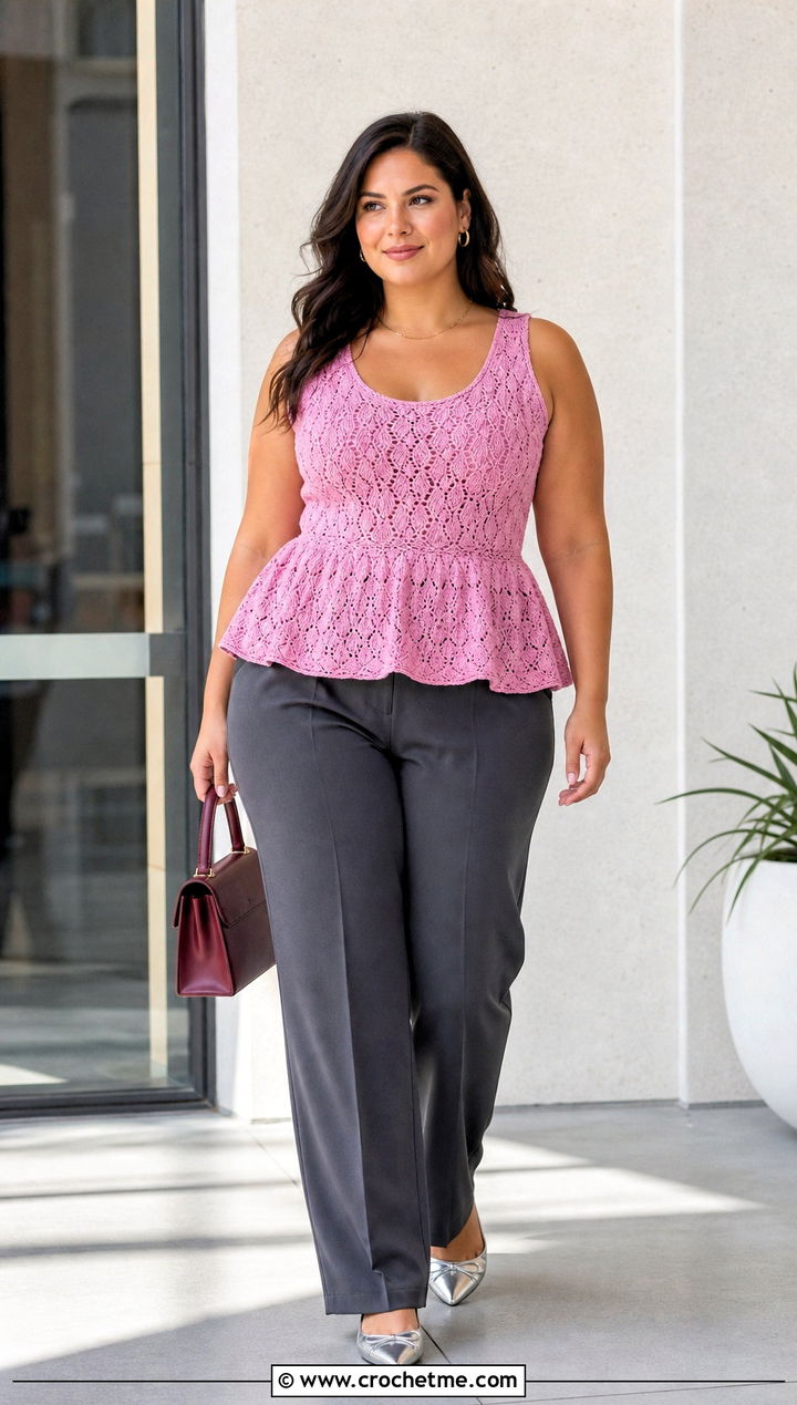 Pineapple Stitch Peplum Tank Top With Straight Leg Pants - 25 Pineapple Stitch Crochet Top outfit ideas