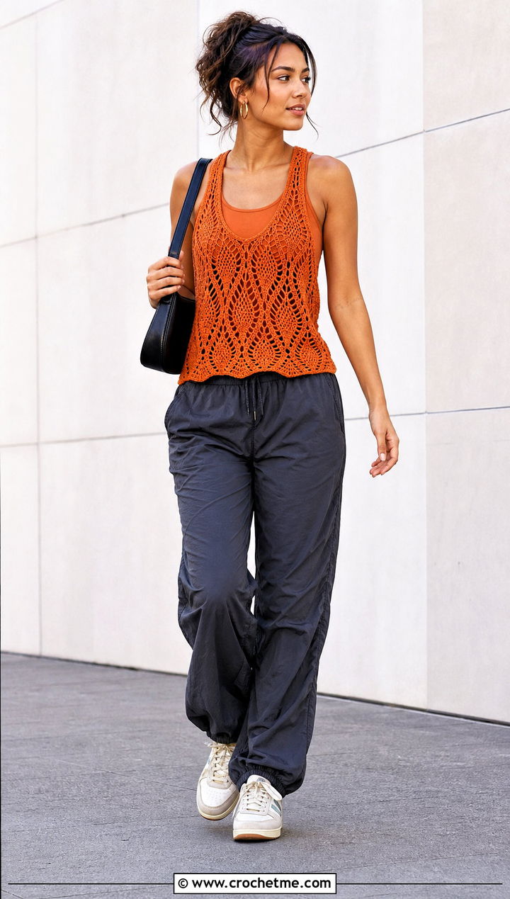 Pineapple Stitch Racerback Top With Parachute Pants - 25 Pineapple Stitch Crochet Top outfit ideas