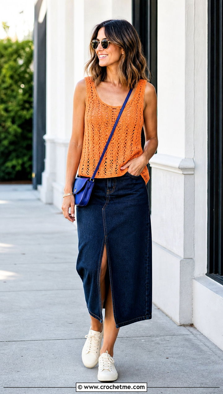 Pineapple Stitch Scoop Neck Shell With Denim Midi Skirt - 25 Pineapple Stitch Crochet Top outfit ideas