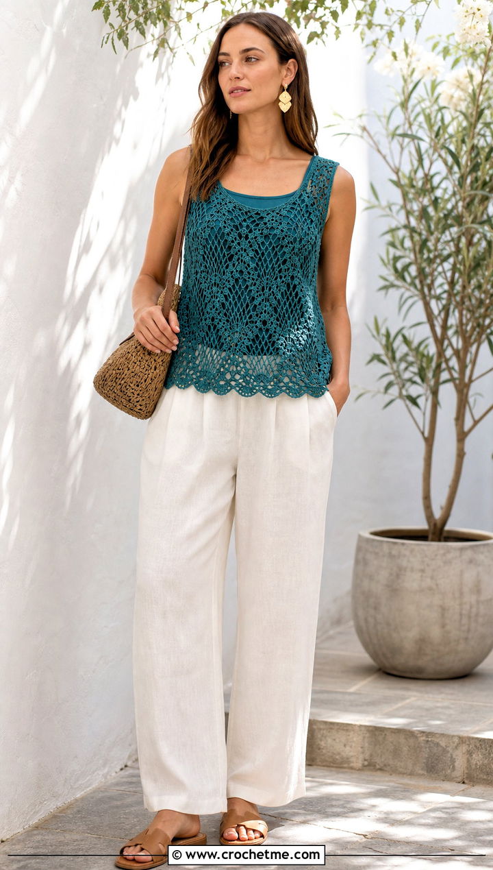 Pineapple Stitch Tank Top With Linen Trousers - 25 Pineapple Stitch Crochet Top outfit ideas