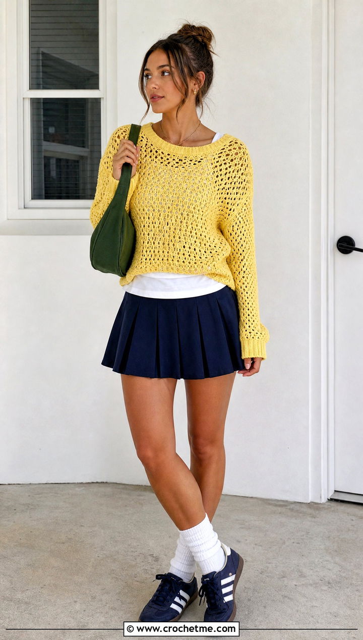 Pineapple Yellow Crochet Crewneck Sweater With Tennis Skirt - 30 Crochet Yellow Sweater outfit ideas