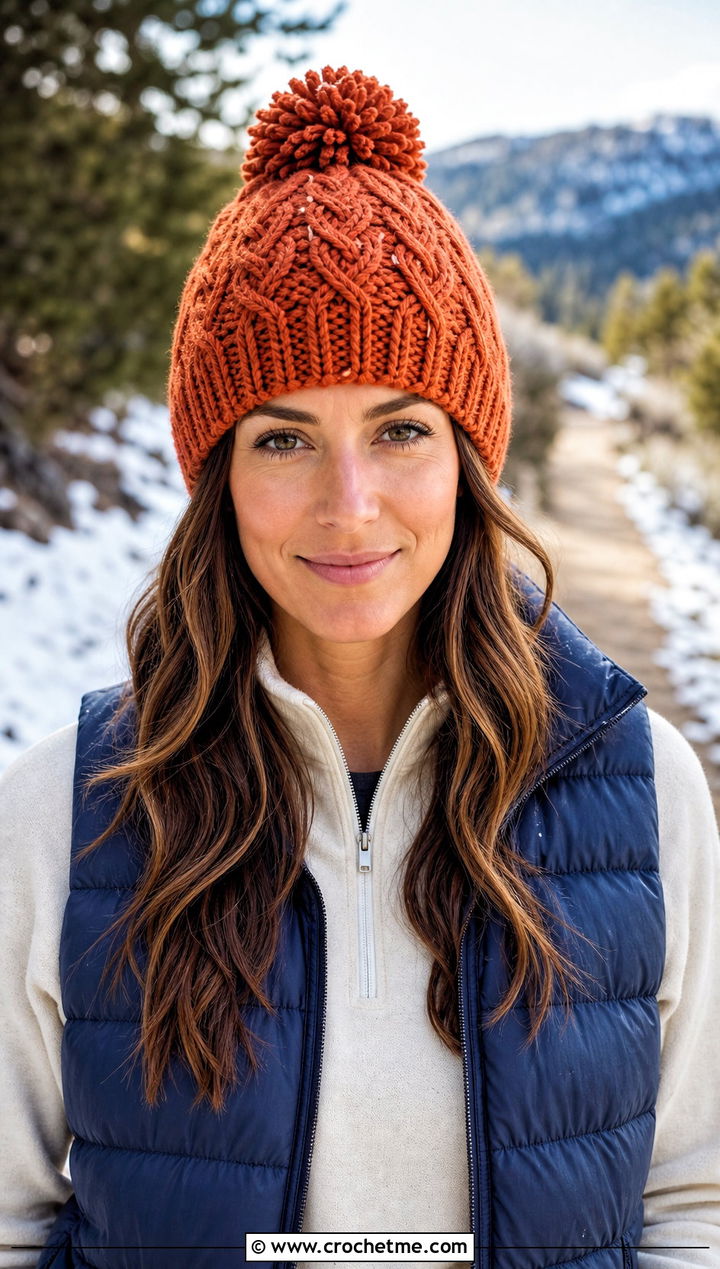 Pinecone Pom Leaf Beanie With Puffer Vest - 25 Crochet Leaf Hat outfit ideas