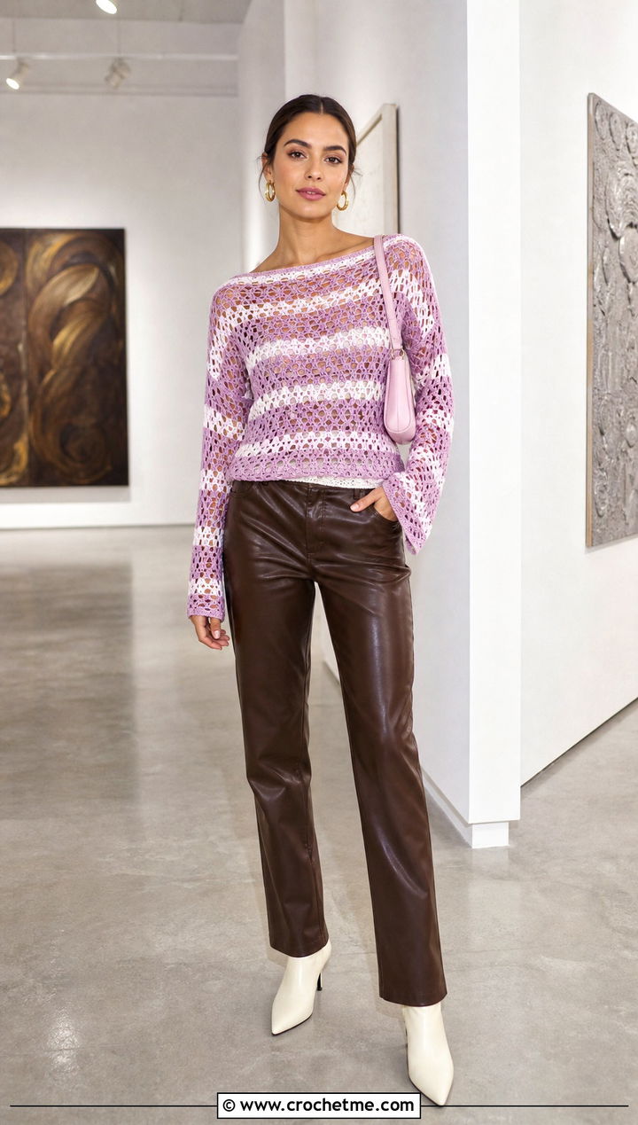 Pink And White Boat Neck Crochet Top With Leather Pants - 25 white and pink crochet top outfit ideas
