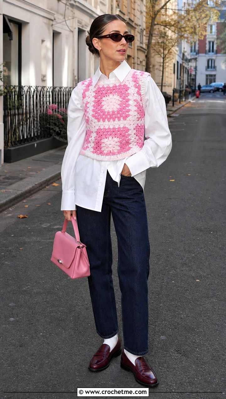 Pink And White Crochet Vest Top With Poplin Shirt - 25 white and pink crochet top outfit ideas