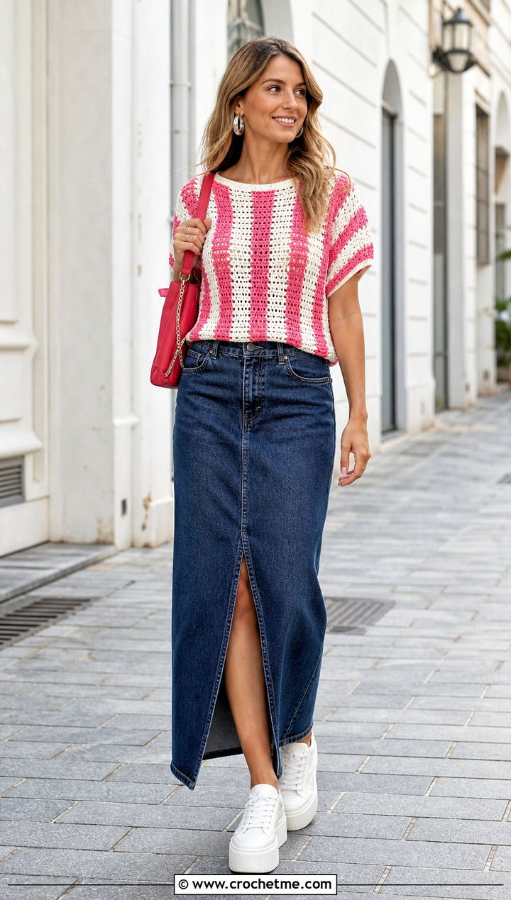 Pink And White Striped Crochet Top With Denim Maxi Skirt - 25 white and pink crochet top outfit ideas