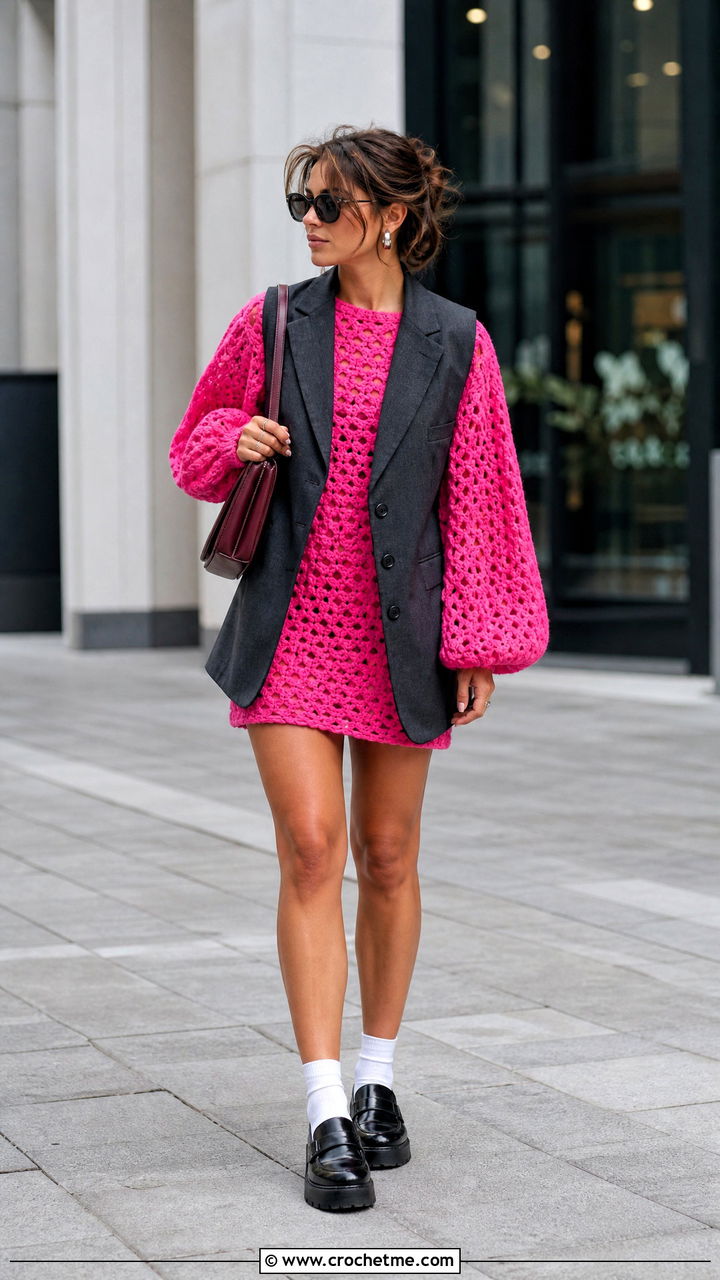Pink Balloon Sleeve Crochet Mini Dress With Platform Loafers - 35 pink crochet dress outfit ideas