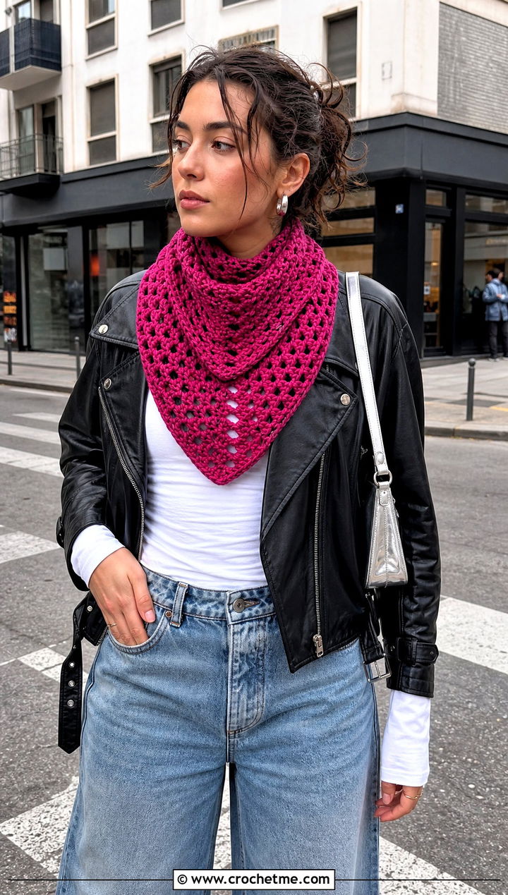 Pink Bandana Crochet Cowl With Leather Jacket - 15 pink crochet cowl outfit ideas