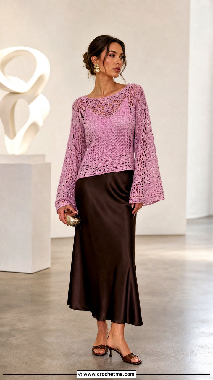 Pink Bell Sleeve Crochet Sweater With Satin Slip Skirt - 35 pink crochet sweater outfit ideas