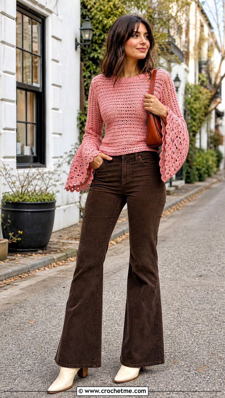 Pink Bell Sleeve Crochet Top With Corduroy Pants - 35 pink crochet top outfit ideas